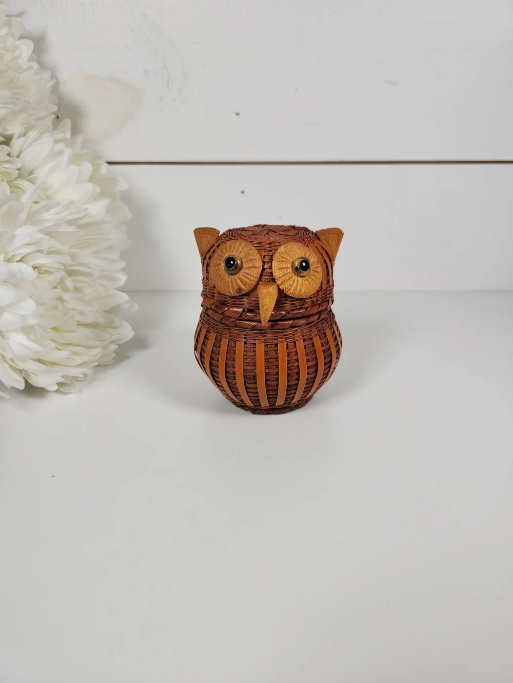 Vintage Wicker Owl Lidded Basket | Mid Century Owl Trinket Box